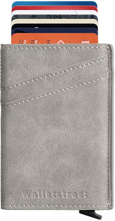 Walletstreet Uitschuifbare Pasjeshouder - Walletstreet Lederen Creditcardhouder Card Protector Anti-Skim/ RFID Card Protector 11 Pasjes – Grey/Silver
