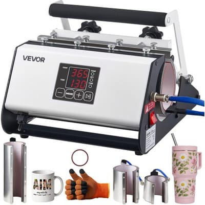 VEVOR mokkenpers, bekerbedrukkingsmachine, sublimatiepers voor mokken, 1183 ml, wit, incl. plakband en handschoenen. Eenvoudige temperatuur- en tijdsinstelling voor sublimatieprinten op mokken en bekers.