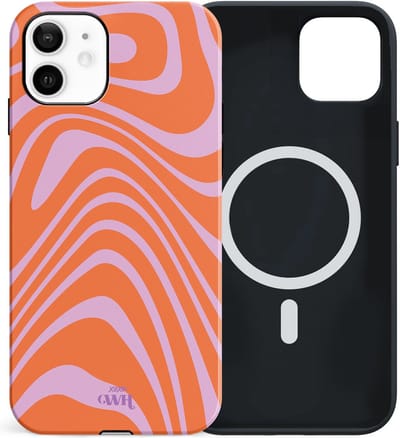 xoxo Wildhearts siliconen hoesje geschikt voor iPhone 12 MagSafe hoesje - Boogie Wonderland Orange - Double Layer - Magnetisch telefoonhoesje - Magneet case - Backcover met dubbele beschermlaag - Golvenprint - Golvend patroon - golven - Oranje