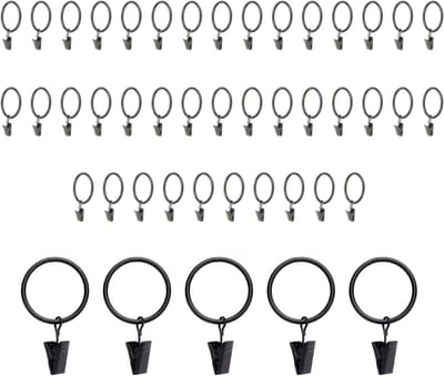 Gordijnringen met clips, mat zwart, binnendiameter 32 mm, gordijnringen, metalen gordijnringen, geschikt voor slaapkamer, woonkamer, eetkamer
