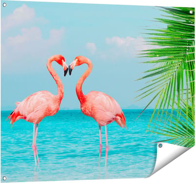 Gards Tuinposter Twee Flamingo's in een Hart Vorm in het Water - 100x80 cm - Tuindoek - Tuindecoratie - Wanddecoratie buiten - Tuinschilderij