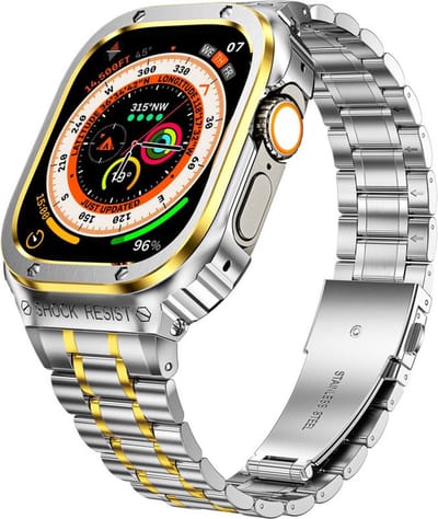 Stalen bandje met volledige case - RVS - geschikt voor Apple Watch series 7/8/9 met case size 45 mm - zilver-goud