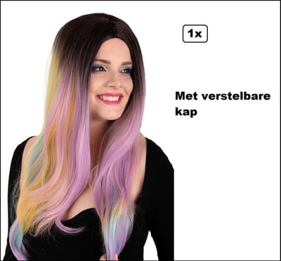 Luxe Pruik Rainbow pastel lang met krullen - Wasbaar en verstelbare luxe pruik - Regenboog pastel
