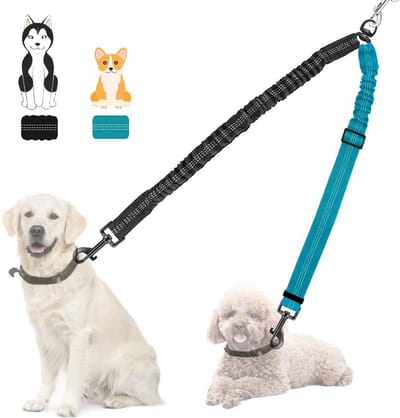 SnelShoppen - Dubbele Hondenriem zonder Verstrengeling, 360° Draaibare Splitter, Verstelbare Schokabsorberende Bungee Leash voor Kleine, Middelgrote e
