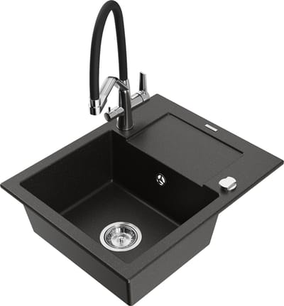 Mexen Enzo granieten gootsteen met 1 bak met afdruiprek en keukenkraan Duo, zwart/goud metallic - 6506-75-671701-07