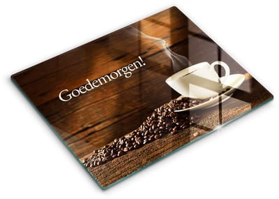 Wallfluent Glazen Snijplanken - Goedemorgen! Kopje koffie Snijplanken Glas - 40 cm x 52 cm - Bruin Snijplanken van Glas - Hittebestendige Glazen Snijplank - Glazen Snijplank Voor Keuken - Antislip Glazen Snijplank