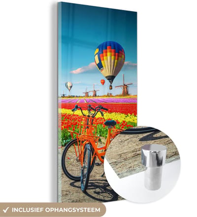 MuchoWow® Glasschilderij 20x40 cm - Schilderij acrylglas - Luchtballon - Oranje - Tulpen - Foto op glas - Schilderijen