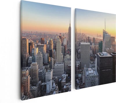 Artaza Canvas Schilderij Tweeluik New York Skyline Met Wolkenkrabbers - 80x60 - Foto Op Canvas - Canvas Print