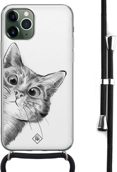 Casimoda® hoesje met koord - Geschikt voor iPhone 11 Pro Max - Kiekeboe Kat - Afneembaar koord - Siliconen/TPU - Wit