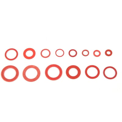 150 stuks 14 maten rood staal papiervezel platte ringen kit isolatiering assortiment set met doos