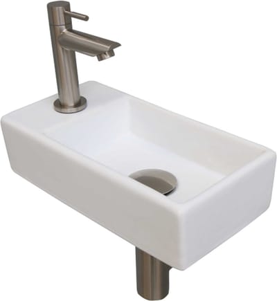 INK Versus fonteinpack inclusief porseleinen fontein met afzetplateau links, fonteinkraan, designsifon, designplug en montageset 36x9x18 cm, mat wit /