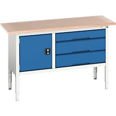 Bott verso werkbank, tot 600 kg, 3 laden & 1 deur, B 1500 x D 600 x H 830 - 930 mm, beuken multiplex, staal, lichtgrijs RAL 7035 / gentiaanblauw RAL 5010
