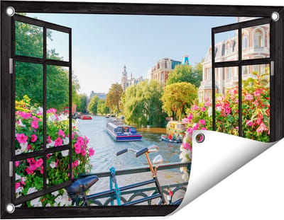 Gards Tuinposter Doorkijk Amsterdamse Kanaal met Bloemen - 60x40 cm - Tuindoek - Tuindecoratie - Wanddecoratie buiten - Tuinschilderij