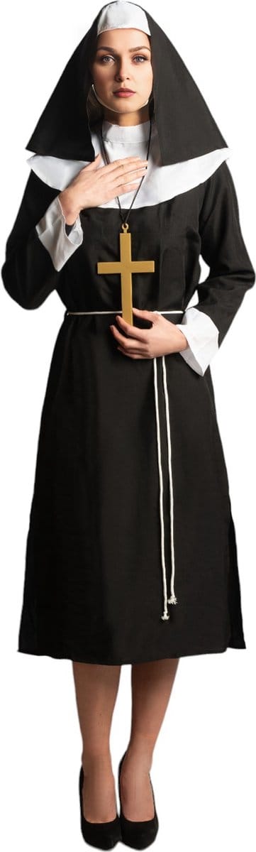 Partychimp Non Kostuum Dames 4-Delig Tuniek/Hoofdaccessoire/Kruis/Touw voor Carnaval Carnavalskleding Dames Non Halloween Kostuum Volwassenen Halloween Kostuum Dames Verkleedkleren Volwassenen - Polyester - Maat S/M