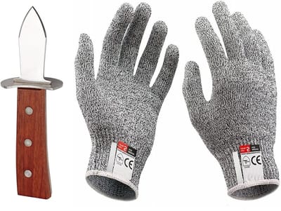 Oesterschaaf Set met Rood Perenhouten Handvat en Snijbestendige Handschoenen voor Oesters en Zeevruchten
