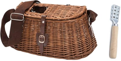 Mand, vismand van wilg, rieten vismand, gevlochten vismand, met riem, rieten mand, forel watmand + gratis visschubber