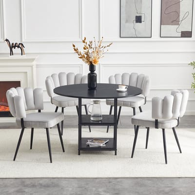 MODENUIT Stoelenset 107 cm - Ronde Tafel met 2 Opbergplanken - Voor Eetkamer - MDF en Metaal - Zwart Lichtgrijs