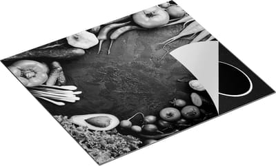 Chefcare Inductie Beschermer Groentes op Zwarte Marmer - Groente - Zwart Wit - 60x50 cm - Afdekplaat Inductie - Kookplaat Beschermer - Inductie Mat