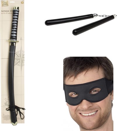 Ninja verkleed accessoires/wapens set - 3 delig - voor kinderen en volwassenen - kunststof - zwaard - vechtstokjes - masker