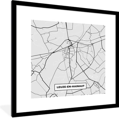 Fotolijst incl. Poster Zwart Wit- België – Leuze en Hainaut – Stadskaart – Kaart – Zwart Wit – Plattegrond - 40x40 cm - Posterlijst