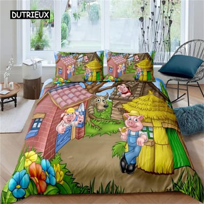 Schattig Varken Dekbedovertrek Kawaii Varken Beddengoed Set Polyester Varkens Bloemen Dekbedovertrek Twin King voor Tiener Jongen Meisje Cadeau Kamer Decor AU Single(140x210cm)