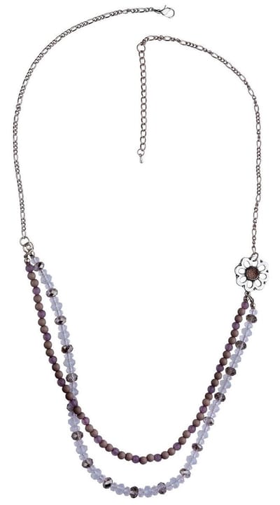 Lange ketting metaal 80cm lengte met metale bloem en facet geslepen glaskralen + verlengketting