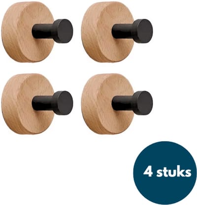 Kapstok haken hout - Teak met zwart - Wandhaken - Wandkapstok - Zelfklevende haakjes - Plakhaakjes - Rond - Zwart - 4 stuks