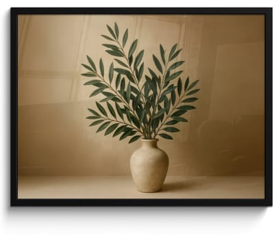 Poster in lijst - Fotolijst 80x60 cm - Posters - Vaas - Olijftakken - Bladeren - Beige - Posterlijst zwart - Decoratie - Wanddecoratie woonkamer - Muurdecoratie slaapkamer