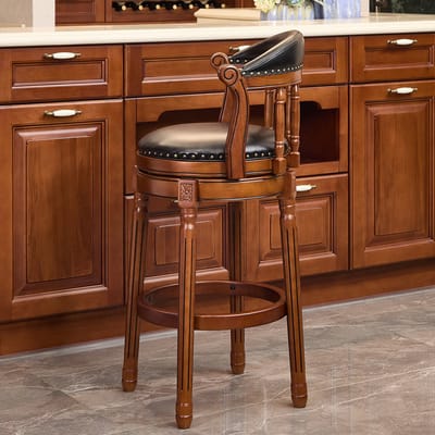 Wishdor - Barkruk - 360 Graden Draaibare Zitting En Rugleuning - Voor Keuken - Houten Frame Met Leren Bekleding En Schuimvulling - Zwart Met Ivoorwit - Zithoogte 74,9 Cm - Stevige Poten En Gebogen Rug