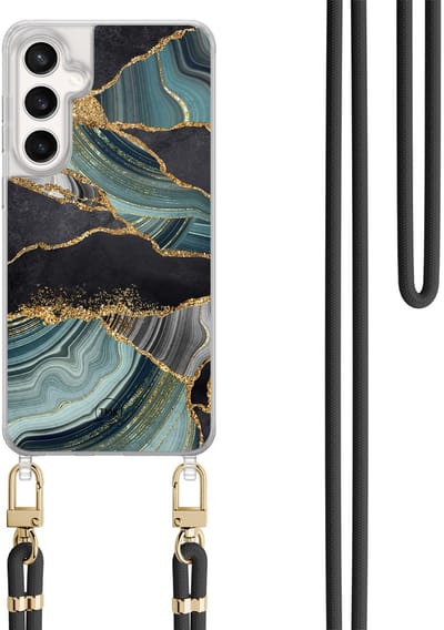 Telefoonhoesje met koord geschikt voor Samsung S24 FE - Marble jade stone - Inclusief Zwart koord - Transparant, Zwart - Print - Crossbody beschermhoes - Met Telefoonketting