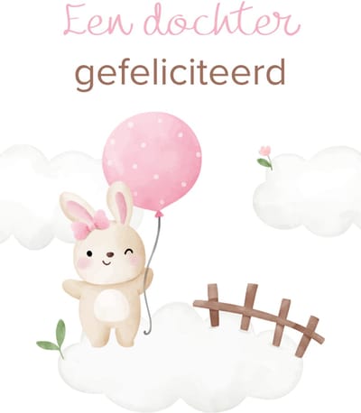 Geboortekaart meisje – Enkele felicitatiekaart met aquarel konijntje en roze ballon – Origineel ontwerp – Stevig 400 grams papier – Inclusief kraft envelop – Voor geboorte of babycadeau – FSC