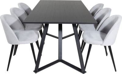 MarinaBLBL eethoek eetkamertafel zwart en 6 Velvet eetkamerstal fluweel lichtgrijs, zwart.