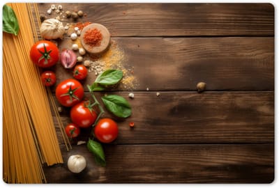 Placemats 45x30 cm - Placemat kunststof - 1 stuk - Spaghetti - Tomaten - Specerijen - Hout print - Pasta - Borden onderleggers - Decoratie voor op tafel - Keuken tafeldecoratie accessoires - Vinyl onderlegger - Tafelversiering