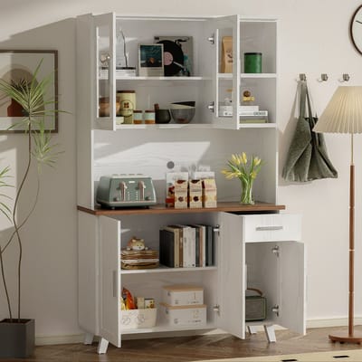 Wishdor - Opbergkast Met Vijf Deuren En Lade - Met Glazen Deuren - Met Open Vakken - Landelijke Stijl - Spaanplaat - Wit En Bruin - 114 X 40 X 190 Cm