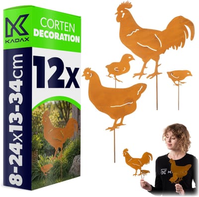 KADAX tuindecoratie: kippenfamilie van cortenstaal, 12-delige set met kippen, haan en kuikens, metalen tuindecoratie in roestlook, decoratie met natuurlijke roestlaag voor in de tuin