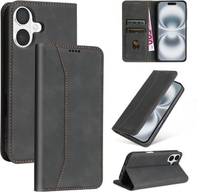 Podec Hoesje met Pasjeshouder Geschikt voor iPhone 16 - Zwart - Telefoonhoesje - Anti-Shock Bookcase Cover met 1x Screenprotector - Wallet Case