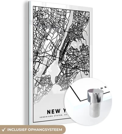 MuchoWow® Glasschilderij 120x180 cm - Schilderij acrylglas - New York - Stadskaart - Zwart Wit - Plattegrond - Kaart - Foto op glas - Schilderijen