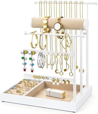 Elegante Sieraden Organizer met Velvet Tray, Perfect voor Oorbellen, Armbanden en Kettingen, Ideaal als Cadeau voor Vrouwen, Wit