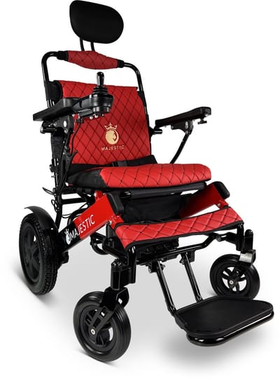 COMFYGO IQ-9000 Elektrische Rolstoel, Lichtgewicht, draadloze afstandsbediening, tot 30 km, Handmatig inklapbaar zonder Achterover leunen, Zwart&Rood frame, Rood leer textiel, Zitbreedte 51cm