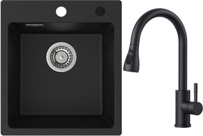 CECIPA max Spoelbak Keuken 40x45cm - Spoelbak Graniet Met Keukenkraan met Uittrekbare Uitloop - Enkele Spoelbak - Spoelbakken Keuken Opbouw - 80% Kwarts Zand Keuken Spoelbak - Zwart