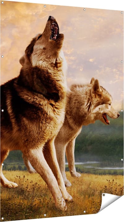 Gards Tuinposter Twee Wolven op het Gras - 120x180 cm - Tuindoek - Tuindecoratie - Wanddecoratie buiten - Tuinschilderij