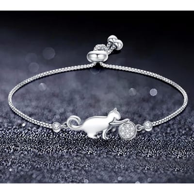 Sipengjel Fashion Pave Zircon Cat Avec Bracelets À Billes Simple Couleur Argent Bracelets Réglables À Main Pour Femmes Bijoux argenté