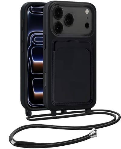Hoesje Geschikt voor iPhone 17 Pro / 18 Pro Hoesje Met Telefoonkoord en Pasjeshouder Siliconen - Hoes Geschikt voor iPhone 17 Pro / 18 Pro Hoesje Met Kaarthouder Case - Zwart