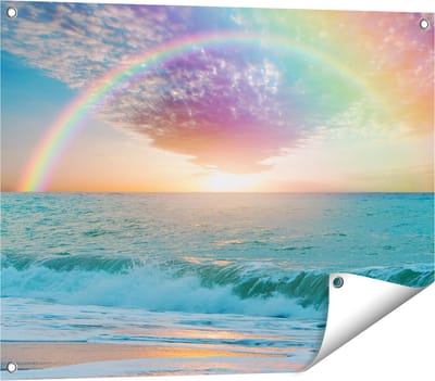 Gards Tuinposter Regenboog in het Water bij het Strand - 80x60 cm - Tuindoek - Tuindecoratie - Wanddecoratie buiten - Tuinschilderij