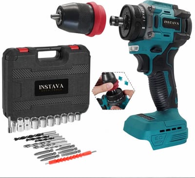 Instava Accu Schroef-boormachine - Zonder Accu - Borstelloze Motor - Afneembare Snelspanboorkop - 21 Koppelstanden - 31-delige Accessoireset - Makita 18V Compatibel