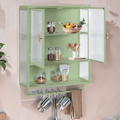 MODFU Wandkast - 2 Deuren En Open Vak - Modern - Voor Badkamer Of Woonkamer - Metaal En Glas - Groen - 60 X 23 X 78 Cm