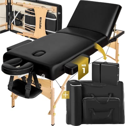 tectake® - Massagetafel behandeltafel met matras van 10 cm hoog + draagtas - extra dikke vulling, water- en oliebestendige vinylhoes, opvouwbaar ontwerp, inclusief opbergtas, ideaal voor salon, tatoeage, therapie - zwart