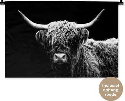 Wandkleed - Wanddoek - Schotse Hooglander - Koe - Zwart - Wit - Dieren - 90x60 cm - Wandtapijt