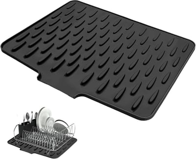 Afdruipmat voor servies, lekvrije werkbladbescherming van siliconen met effectieve wateromleiding en antislip design (zwart)