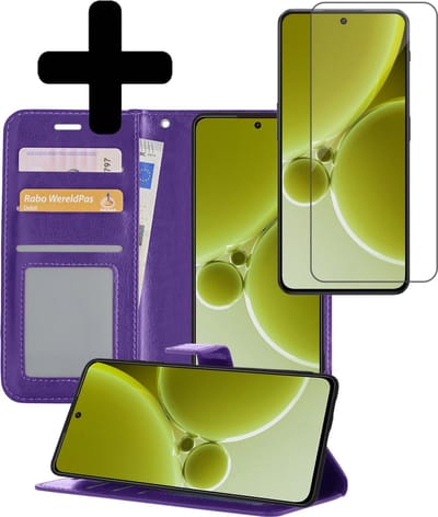 Hoesje - Met Screenprotector - Geschikt voor OnePlus Nord 3 - Luxe Pasjeshouder - Bookcase Portemonee - Flip Case - Kunstleer Book Case - Flipcase - Book Cover - Walletcase - Portemonneehoes - Telefoonhoesjes - Paars